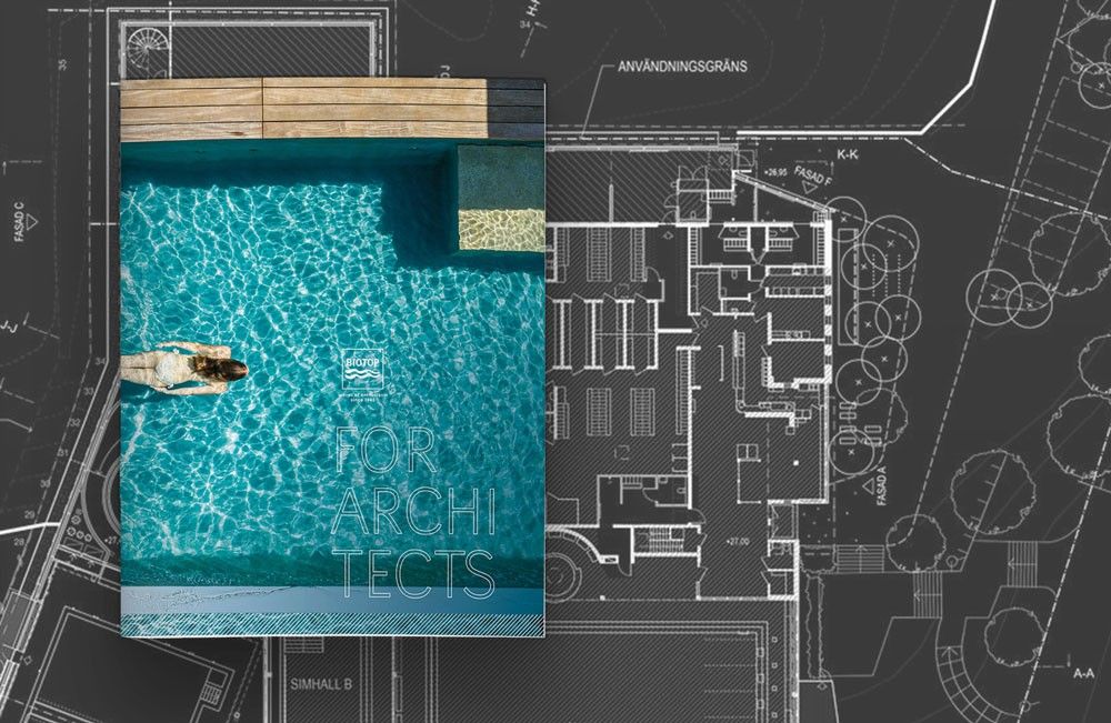 Die Architektenbroschuere von Biotop auf einer technischen schwarz weiss Zeichnung als Mockup Bild