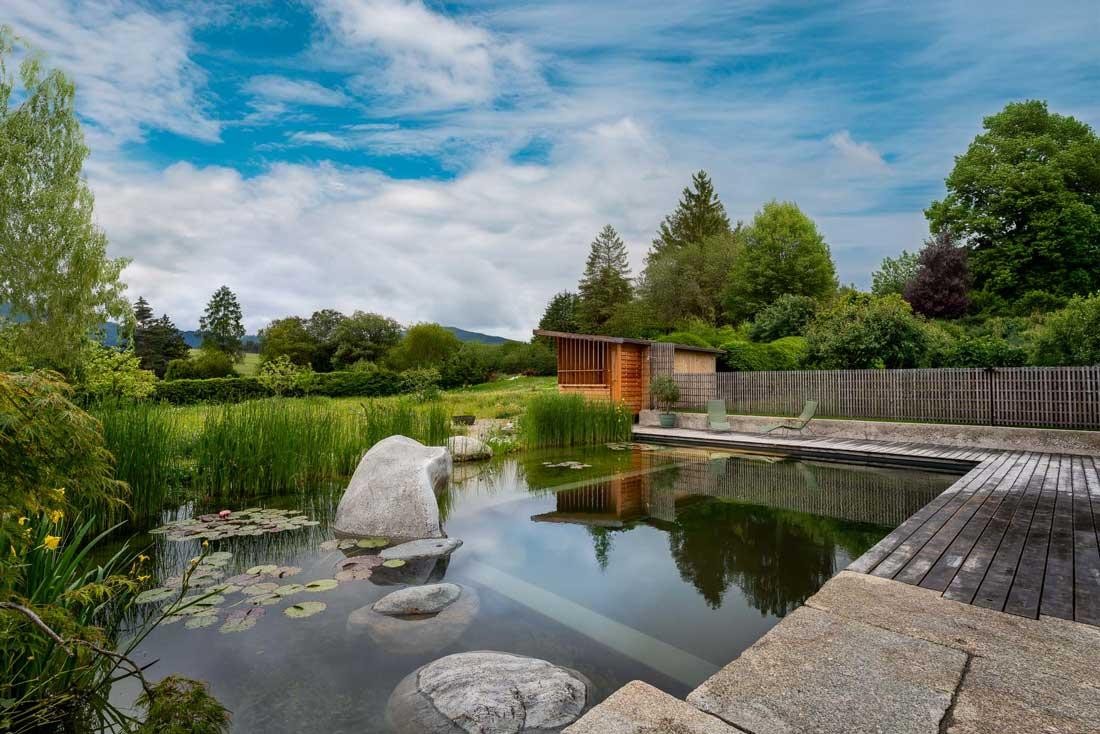 Naturpool mit Schilfzone und Gartenhaus in offener Landschaft