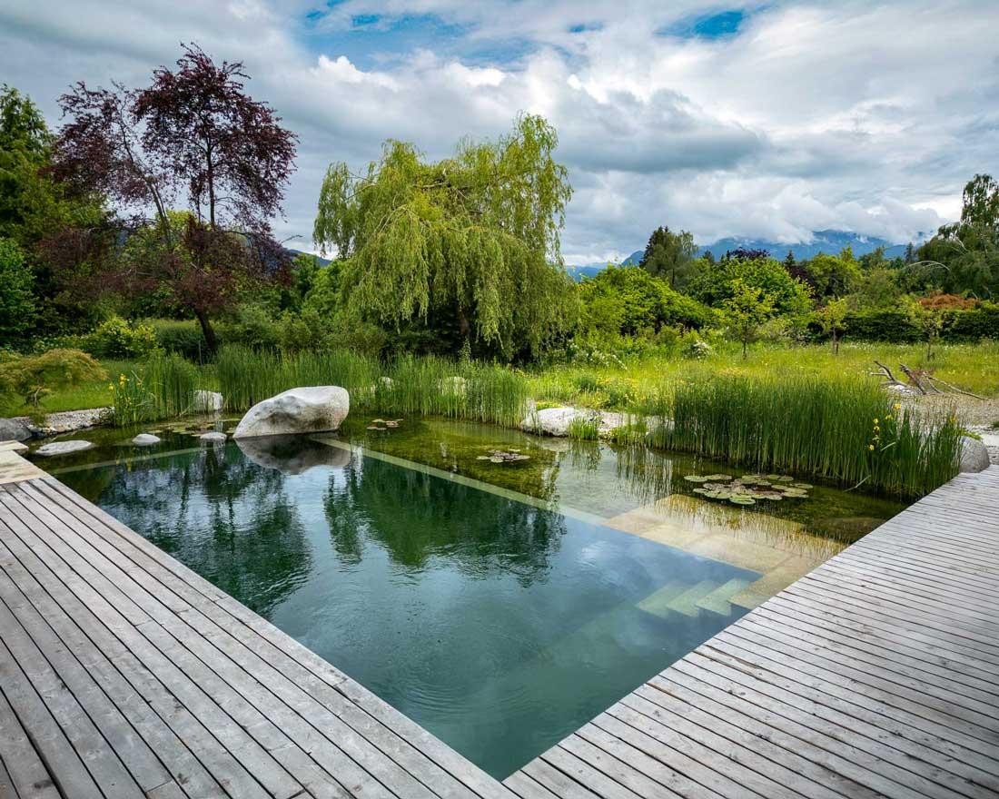 Naturpool mit Holzdeck und Bergblick im naturnahen Garten