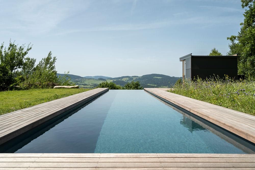 Biotop Naturpool vor huegeliger Landschaft erbaut von Freiraum Gartenarchitektur in Oesterreich