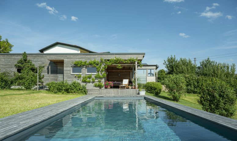 zeigt ein chlorfreies, 100% biologisches Natur-Schwimmbad (Living Pool) erbaut von Freiraum Pools in Oesterreich