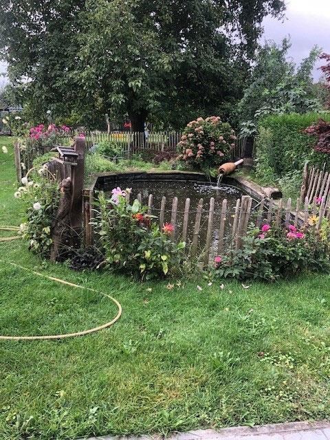 Kleiner Naturteich mit Blumen Holzzaun und Wasserauslauf im Garten
