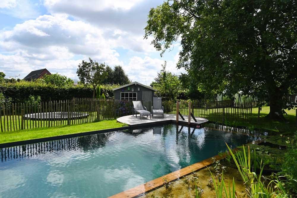 Naturpool mit Holzdeck und Gartenhaus im grünen Garten