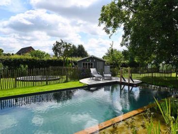 Naturpool mit Holzdeck und Gartenhaus im grünen Garten