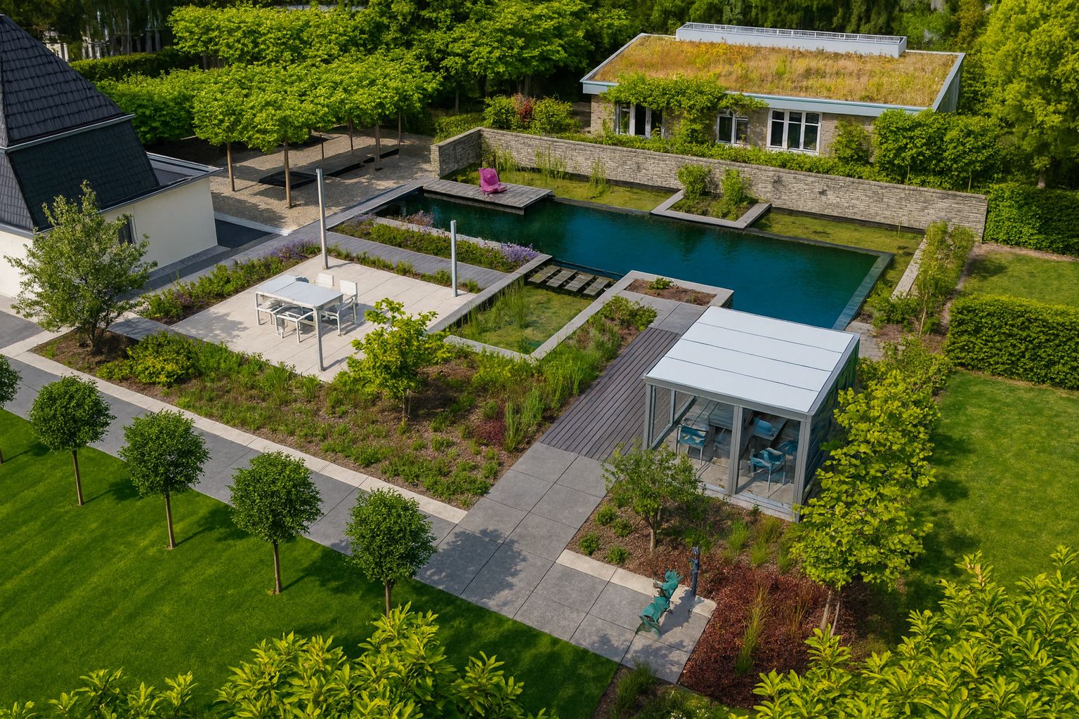 Moderner Naturpool in Garten mit Terrassen und dichter Bepflanzung