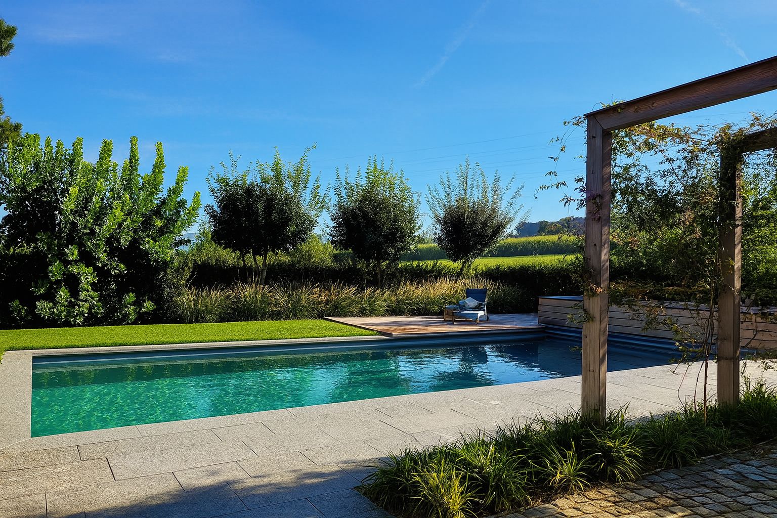 Moderner Naturpool umgeben von hochwertiger Gartenarchitektur