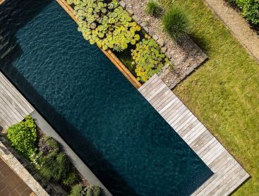Schwimmteich mit Holzdeck in weitläufiger Gartenlandschaft