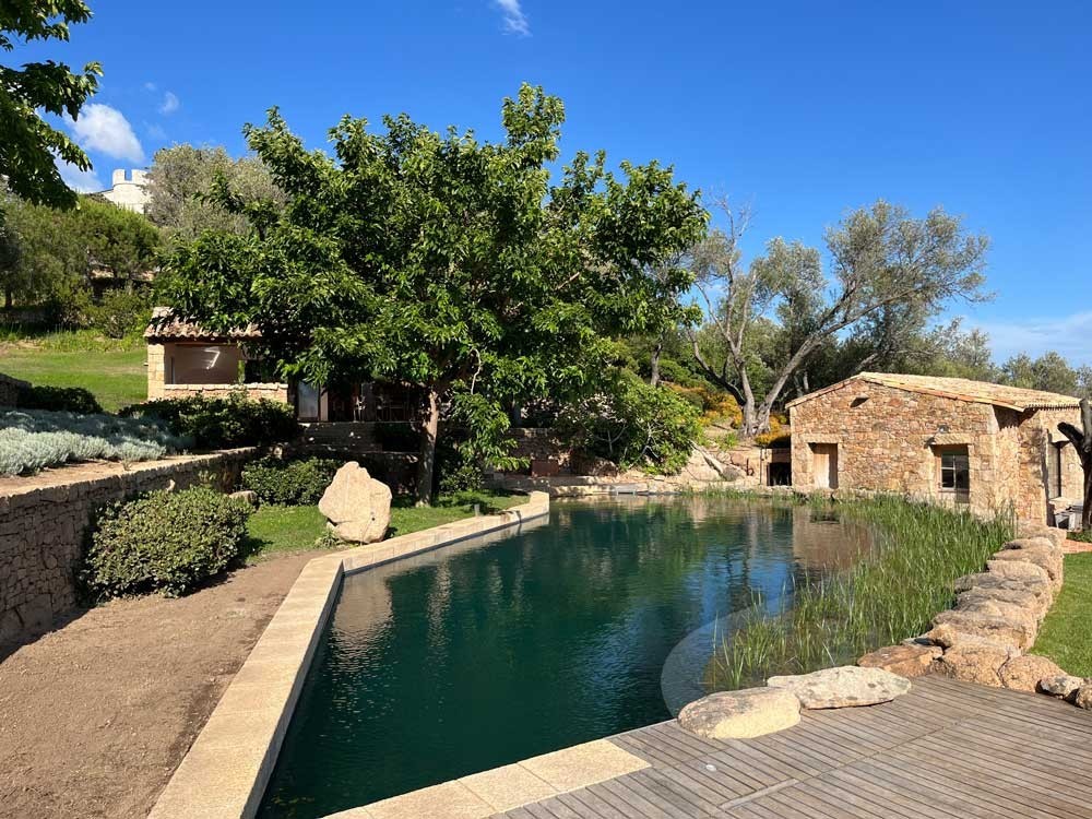 Swimming Pond mit Steinhaus und Pflanzen in mediterraner Umgebung